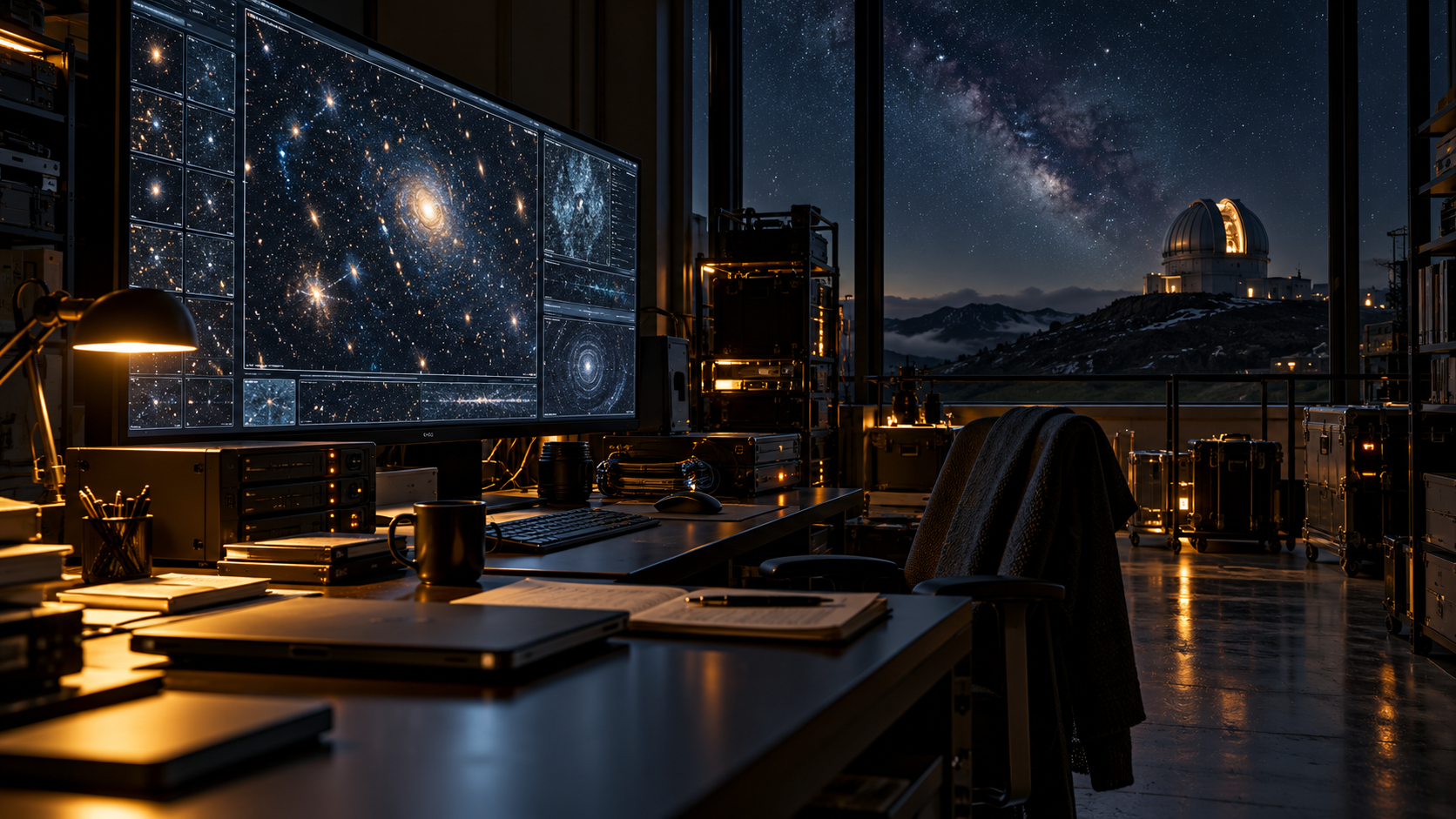 AI-generated illustration of an empty observatory workstation with star-field displays, amber lighting and a telescope dome outside.