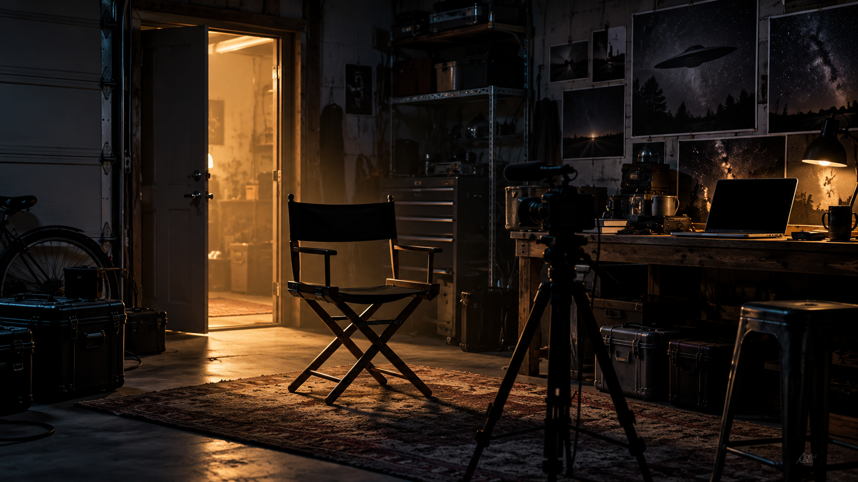AI-generated illustration of an empty director’s chair, tripod camera and laptop in a dim garage with warm doorway light.