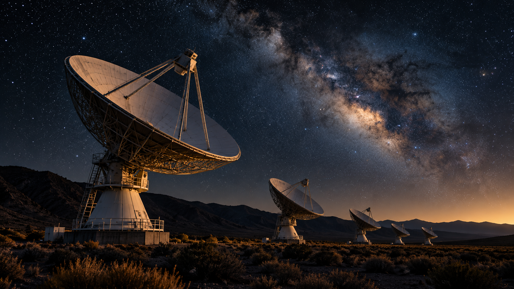 AI-generated illustration of radio telescope dishes beneath the Milky Way with a faint amber glow along the horizon.