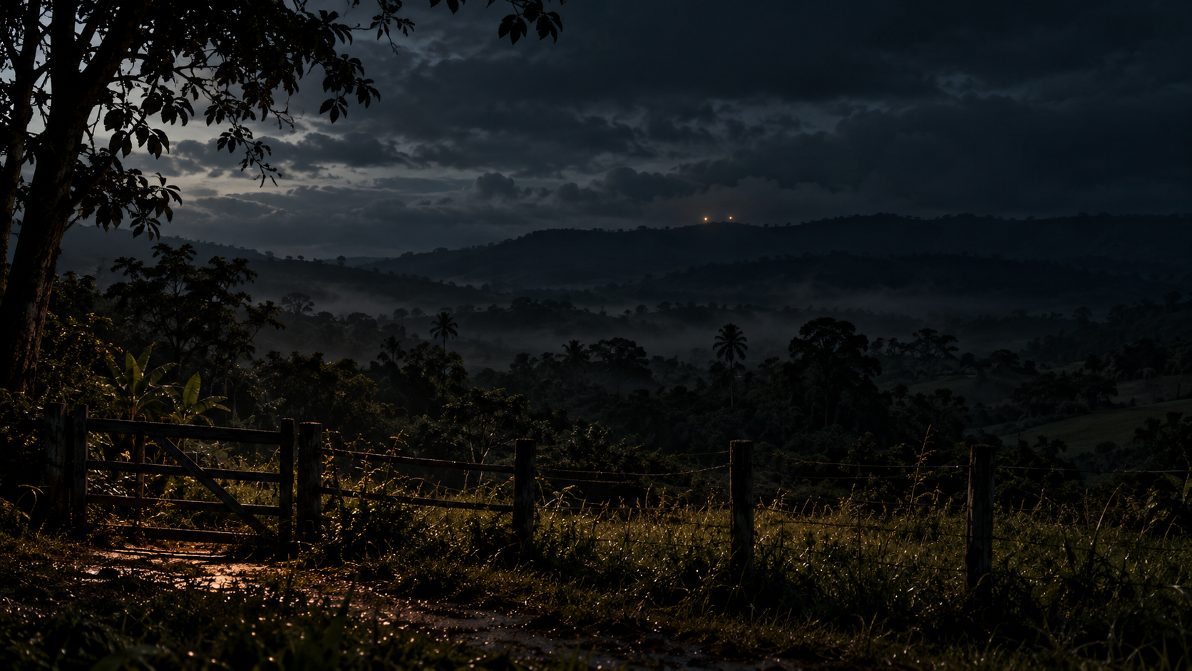 AI-generated illustration of a rural night landscape with a wooden gate, dark woodland and two small lights near a distant ridge.