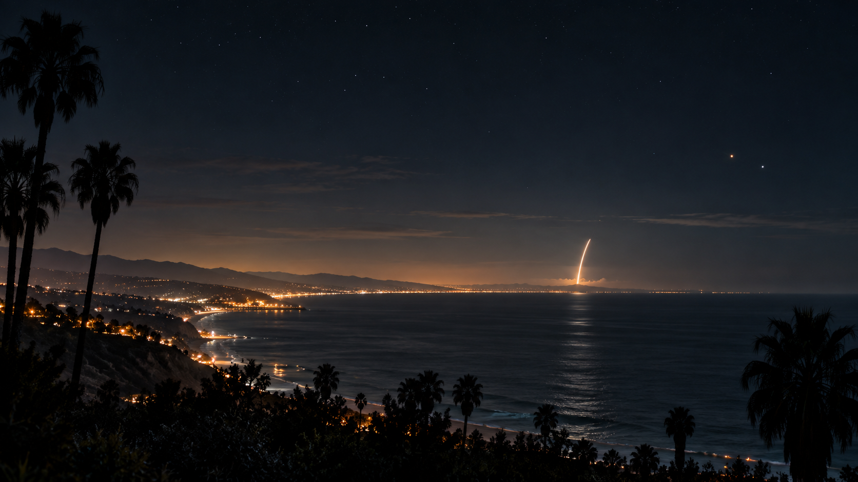 AI-generated illustration of a coastal night with palm silhouettes, distant lights and a rocket-like streak near the horizon.
