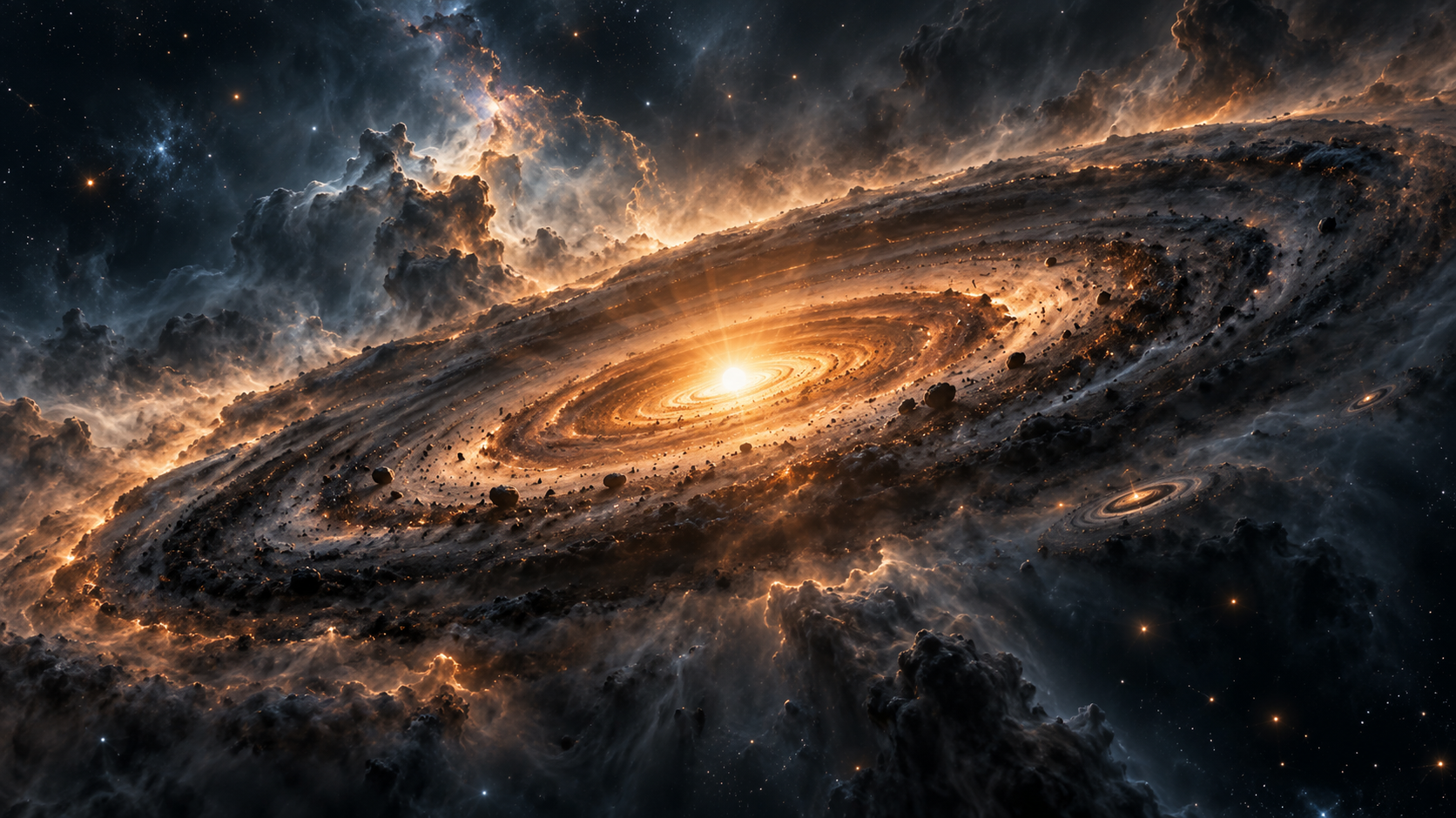 AI-generated illustration of an amber young star surrounded by a tilted dusty disk and blue-gray molecular clouds.