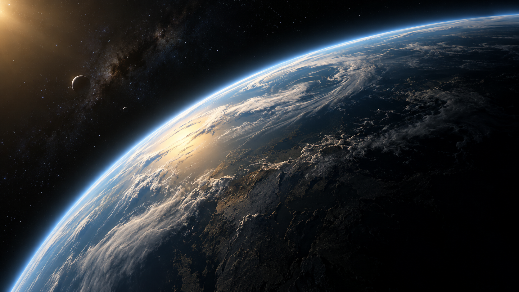 AI-generated illustration of a rocky planet curving into darkness beneath a thin illuminated blue atmospheric rim.