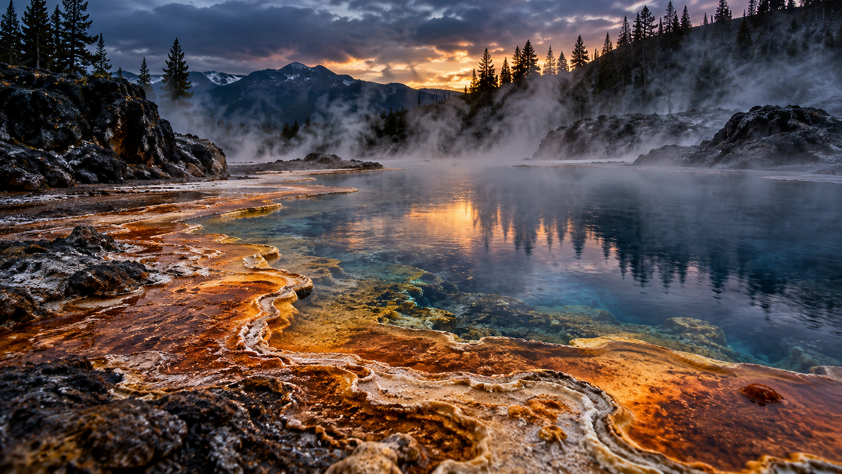 AI-generated illustration of a steaming hot spring with amber mineral edges, dark volcanic rocks and distant forested slopes.