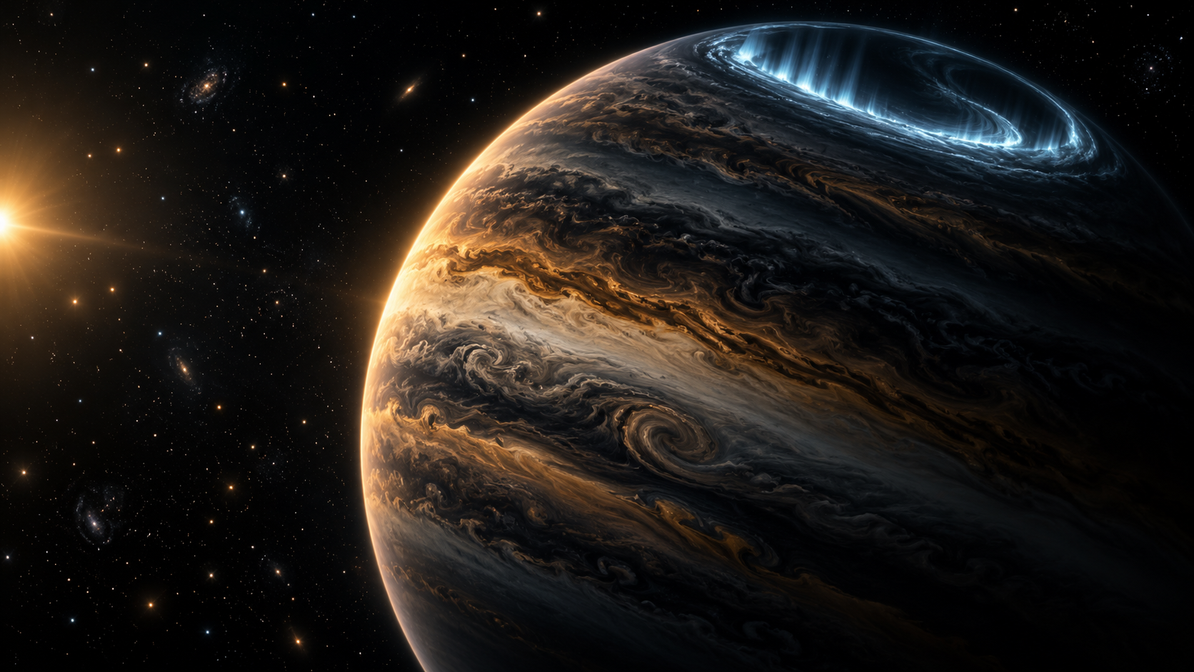 AI-generated illustration of a dark cloud-banded gas giant with pale blue auroral light around a polar region.