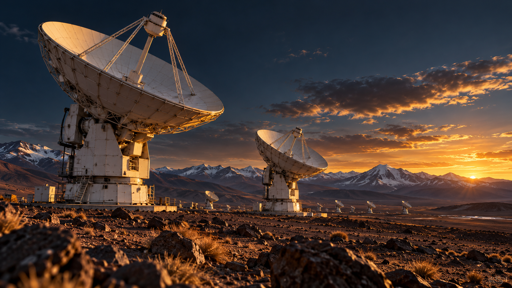 AI-generated illustration of large white radio dishes on a rocky high-altitude plateau with snowy mountains and amber sunset light.