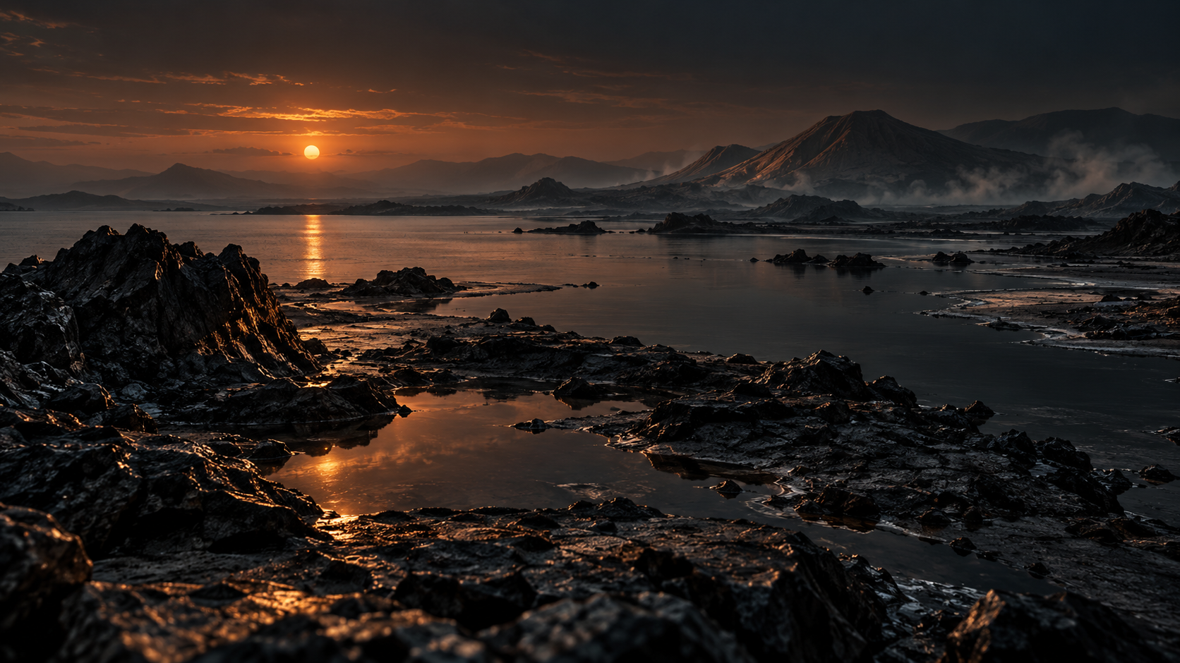 AI-generated illustration of a barren dark shoreline, eroded rocks and distant volcanic hills beneath a dim orange star.