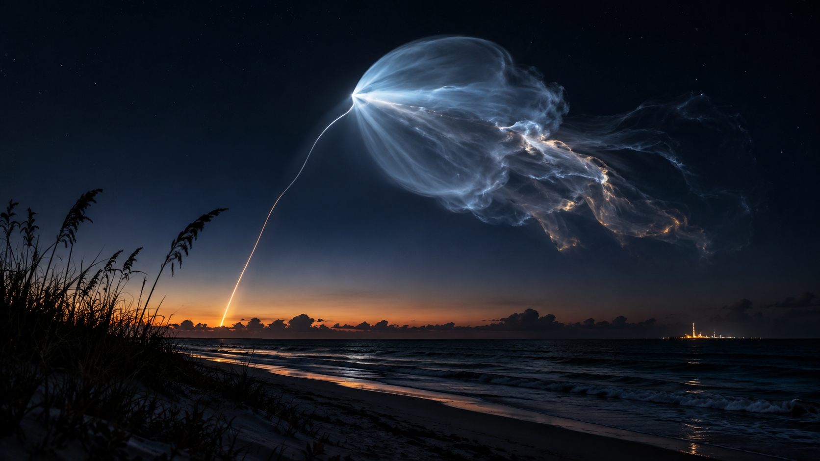 AI-generated illustration of a glowing jellyfish-shaped rocket plume above a dark coastline before dawn.