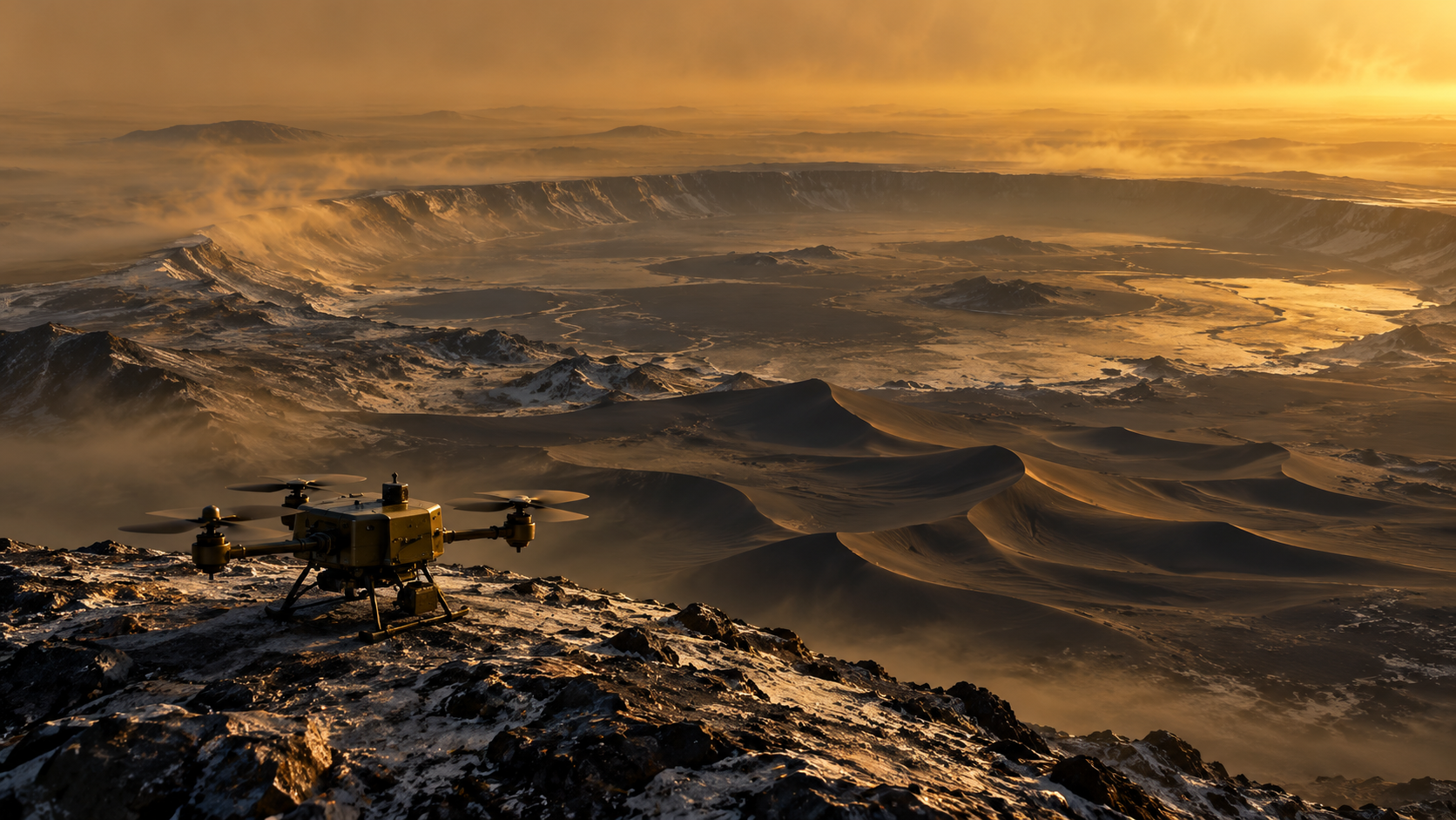 AI-generated artist impression of a small exploration rotorcraft above dark dunes and an impact-crater landscape under amber haze.