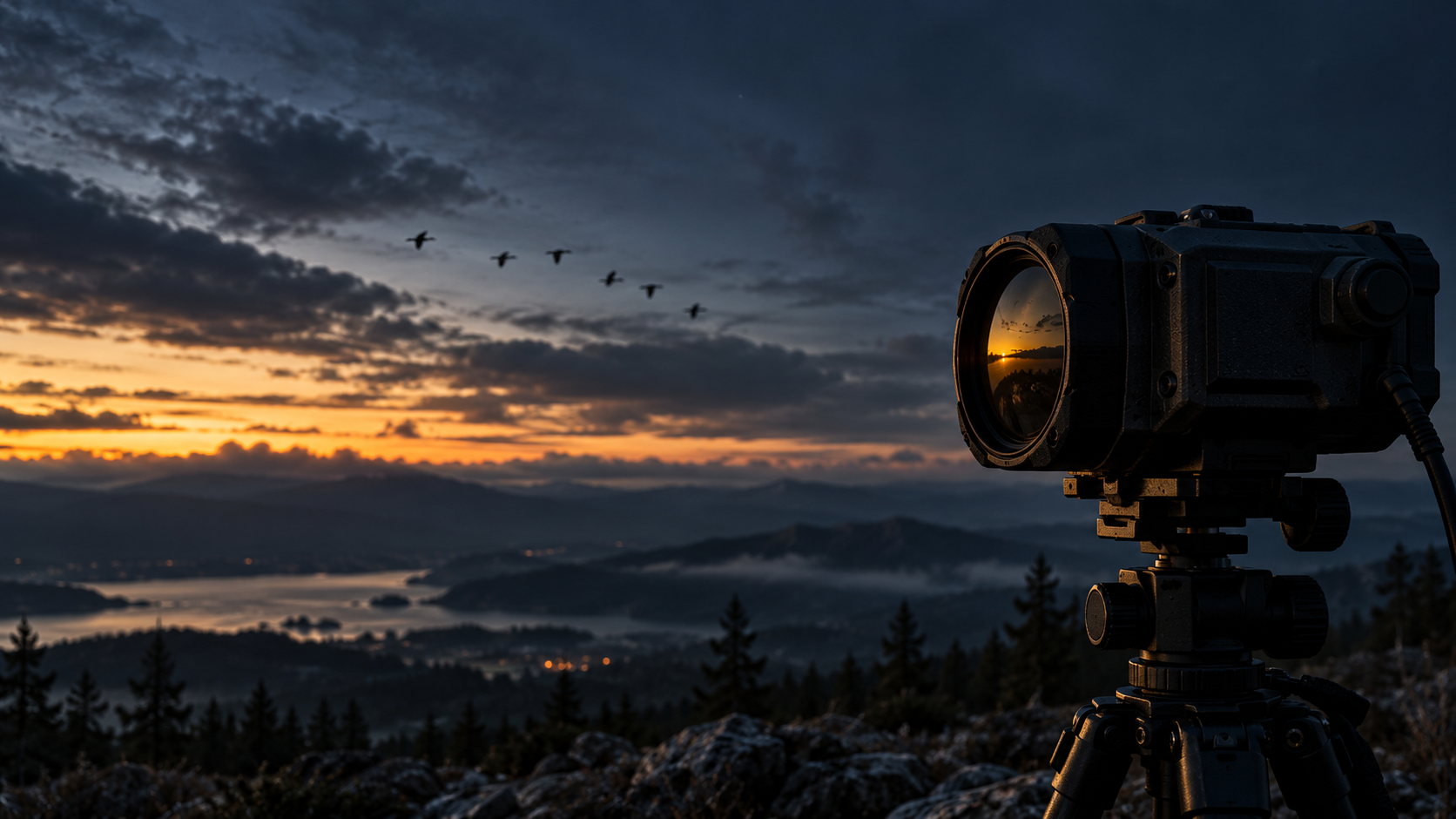 AI-generated illustration of a thermal-style camera on a tripod with a small flock of bird silhouettes crossing the twilight sky.